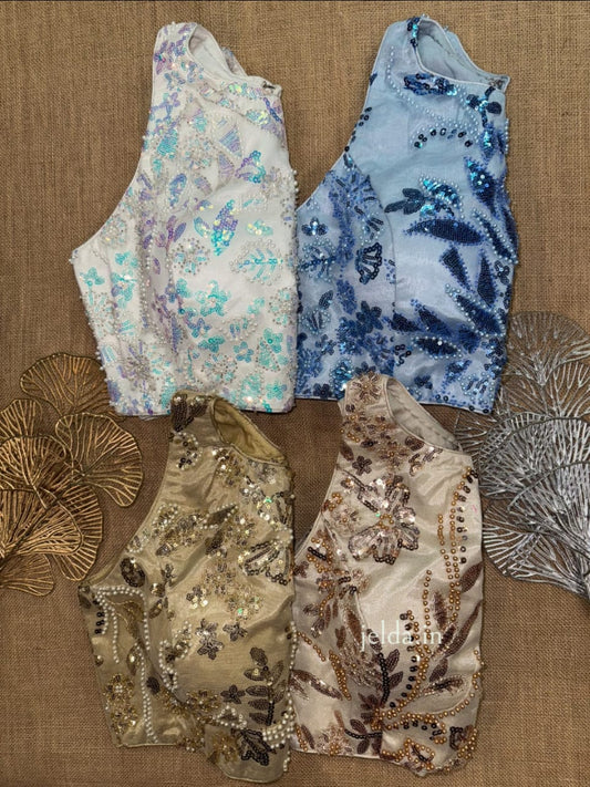 High-Neck Heavy Embroidered Blouses – Designer Sequin Edition