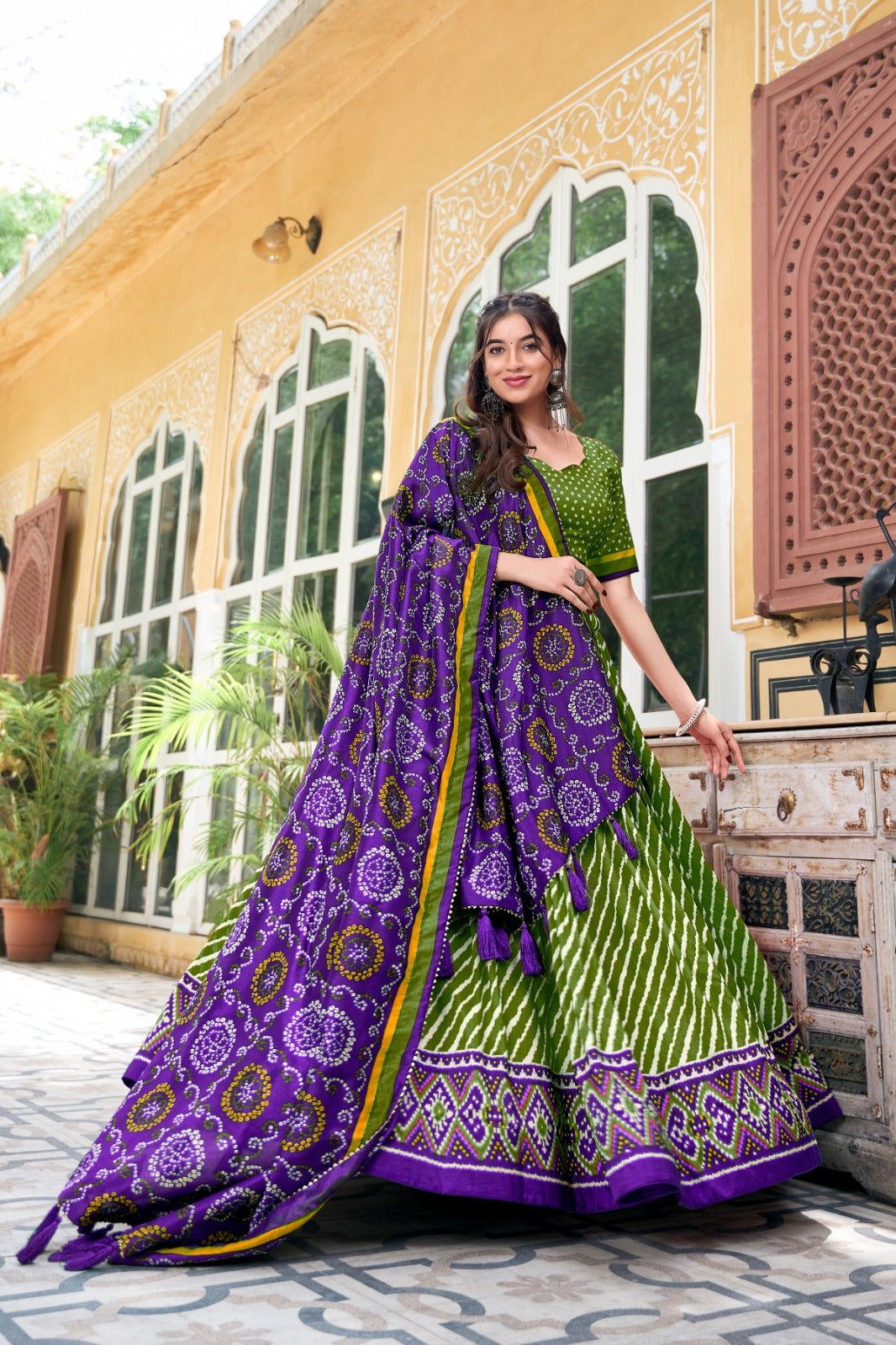 Embrace Cultural Grandeur with Our Elegant Leheriya Print Tussar Silk Lehenga Choli