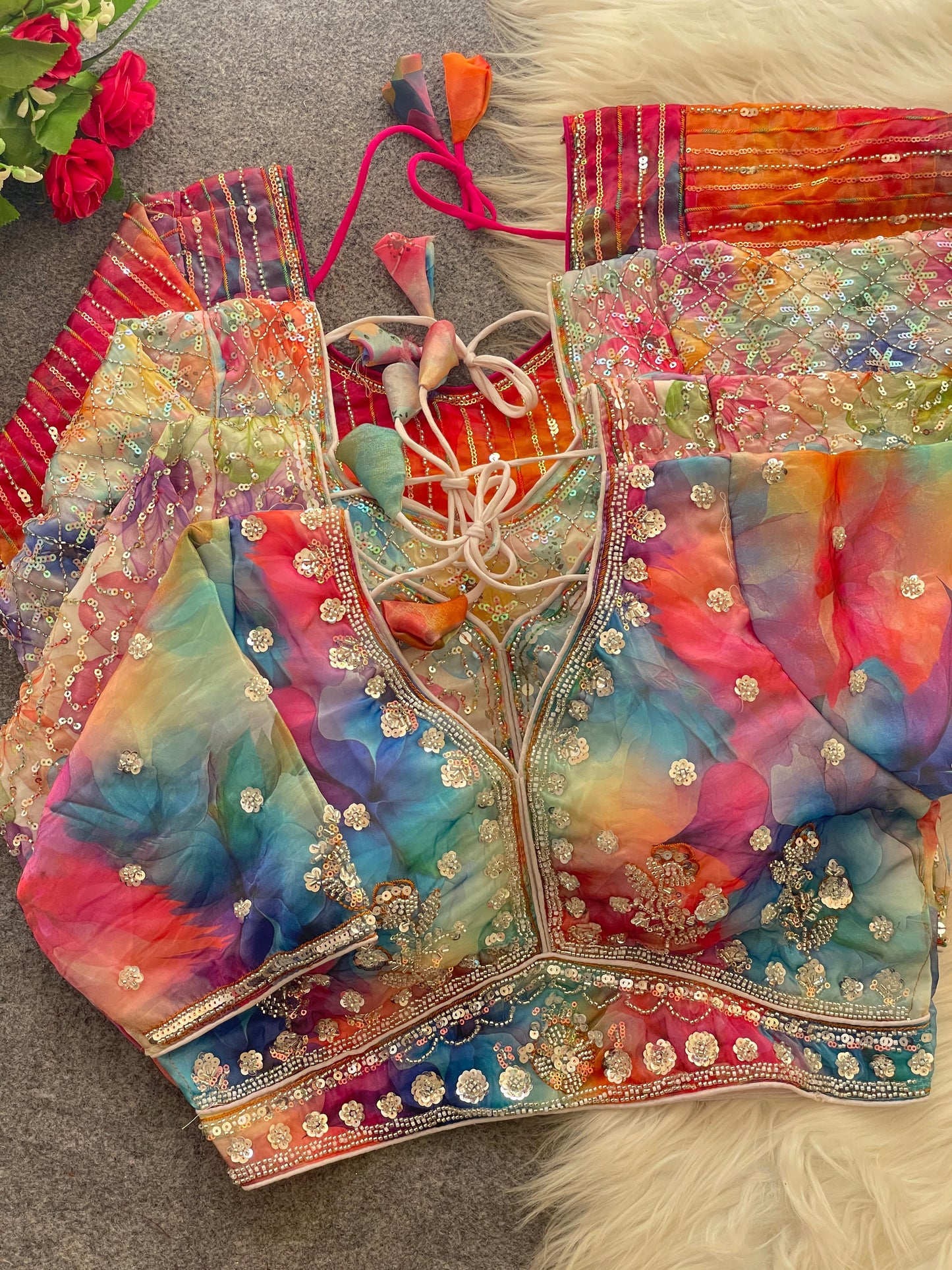 BEAUTIFUL BEADS WORK PARTYWEAR  FRANDY SILK  DIGITAL PRINT READY MADE BLOUSE