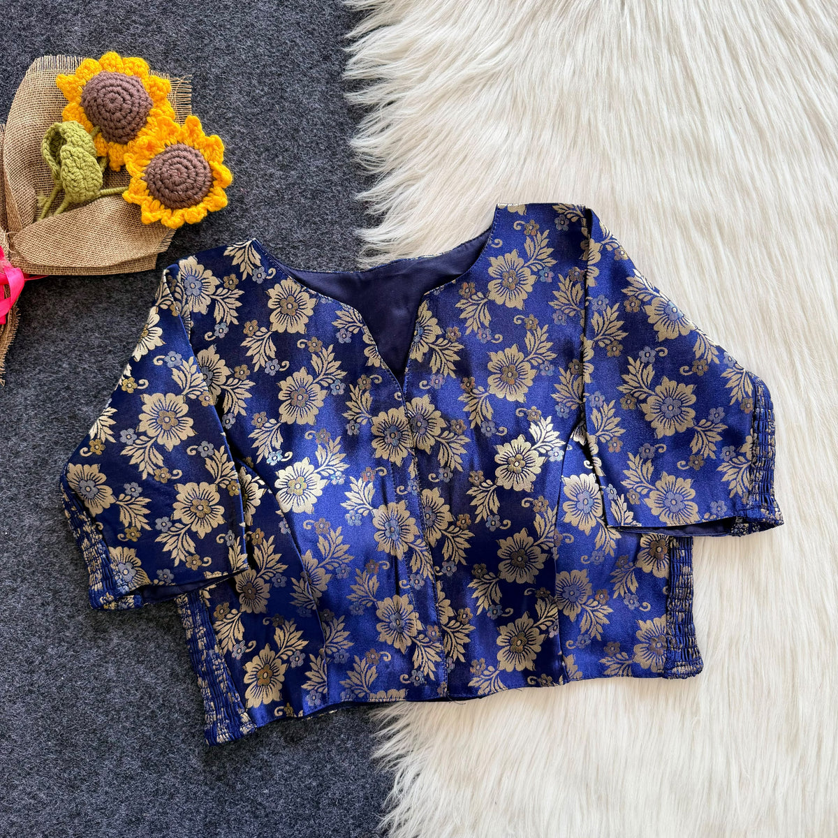 A beauty of weaving work all over with stretchable technology inside ready made blouse