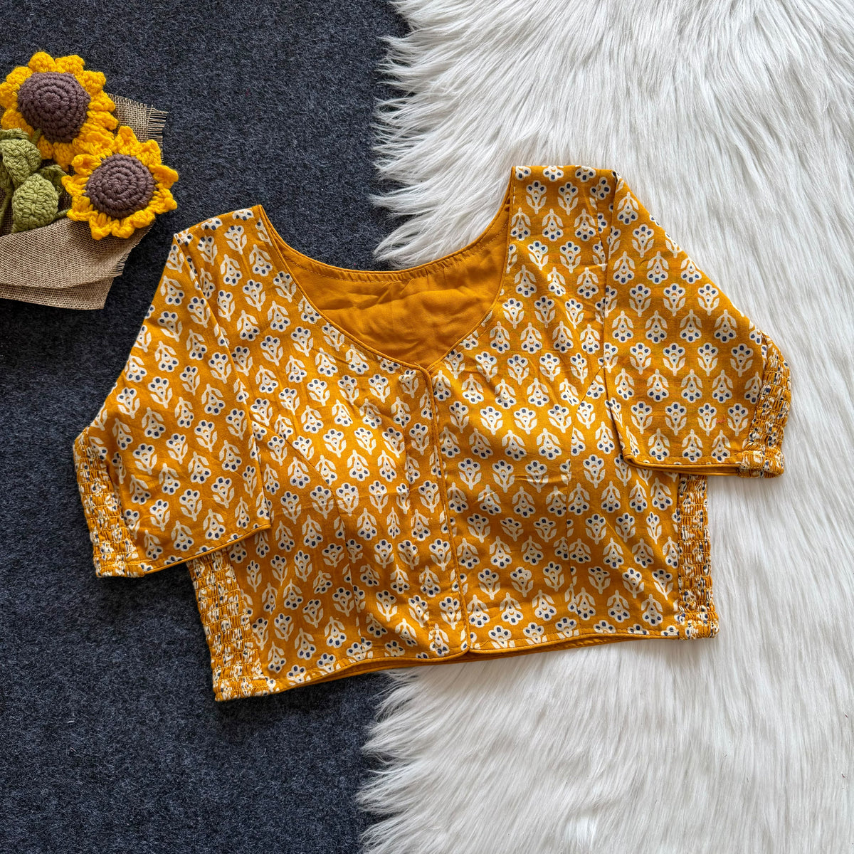 Beautiful hand block print with side elastic ready made blouse