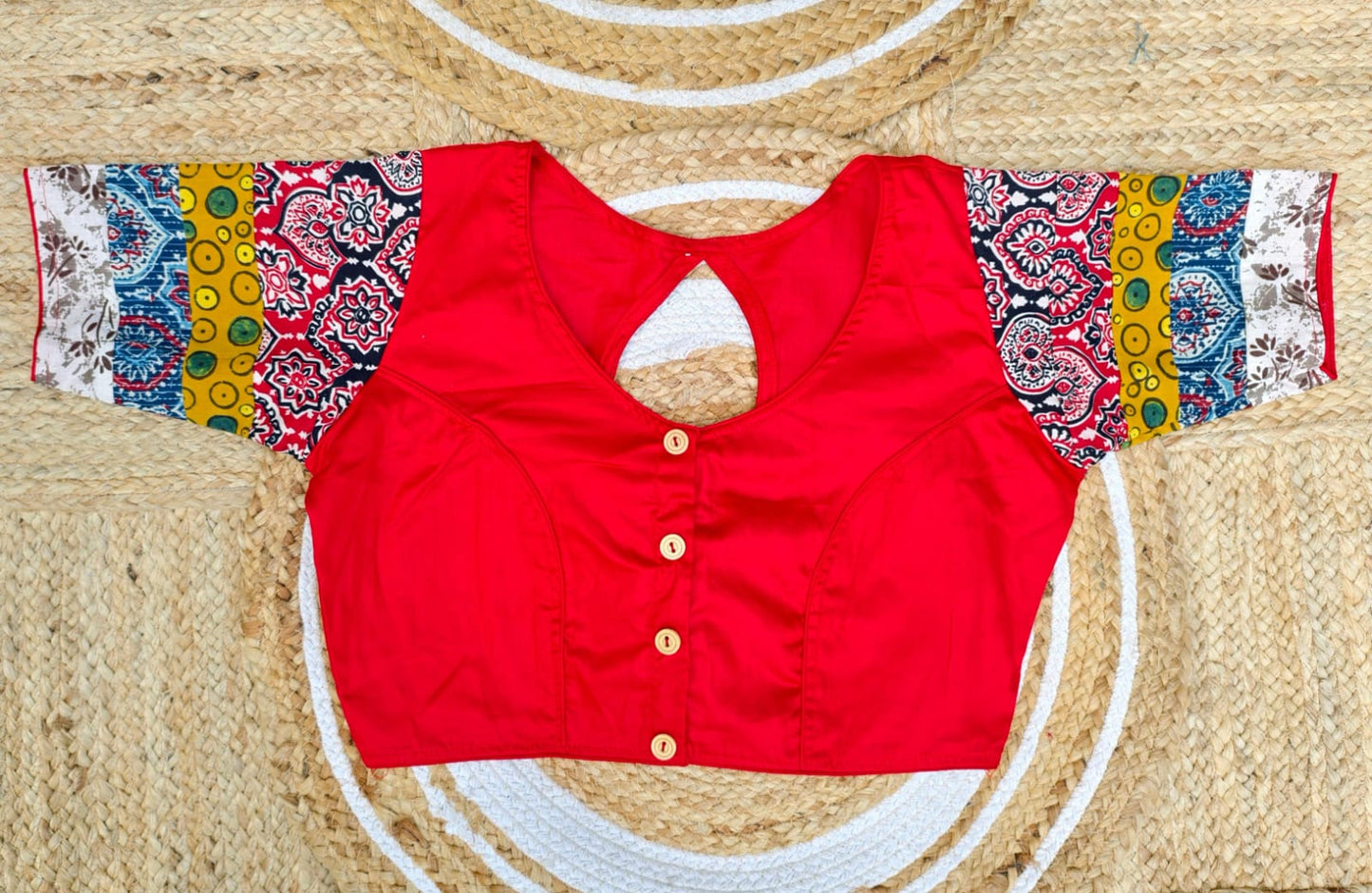 Ajrakh with cotton silk patch work ready made blouse