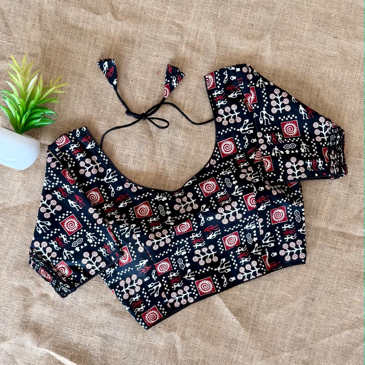 Beautiful hand block print with side elastic ready made blouse