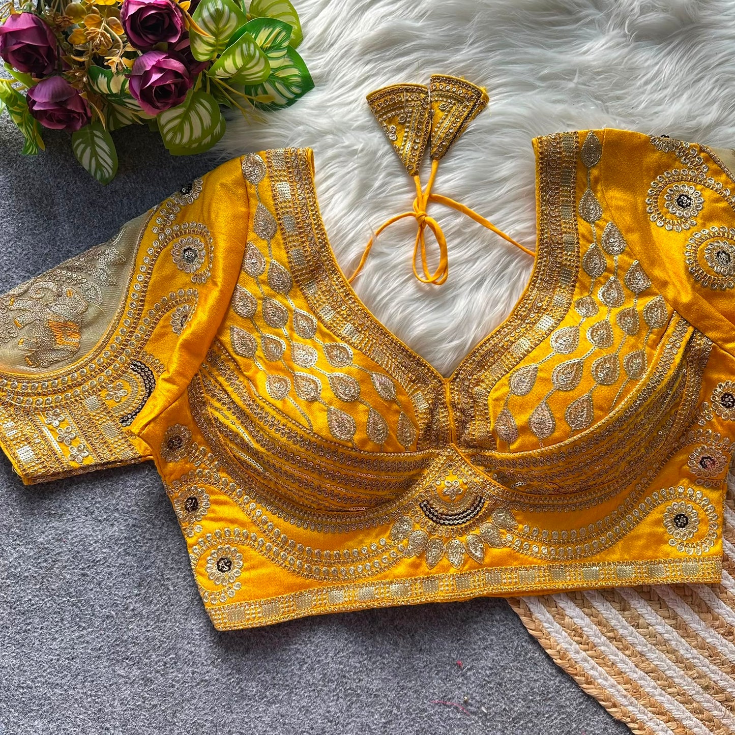 Rani cut work heavy gold zari work bridal ready made blouse