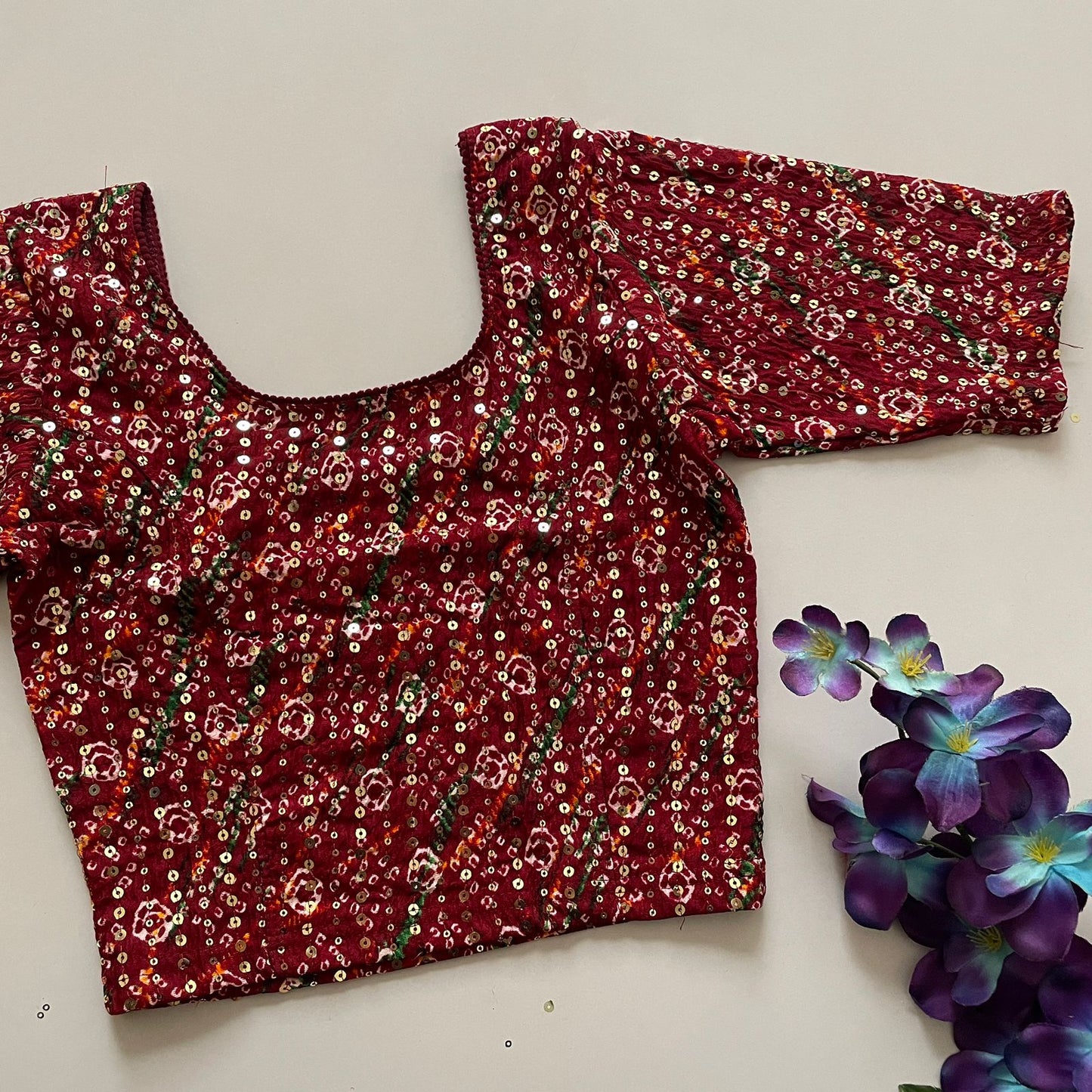 Stretchable crush with foil print ready made blouse