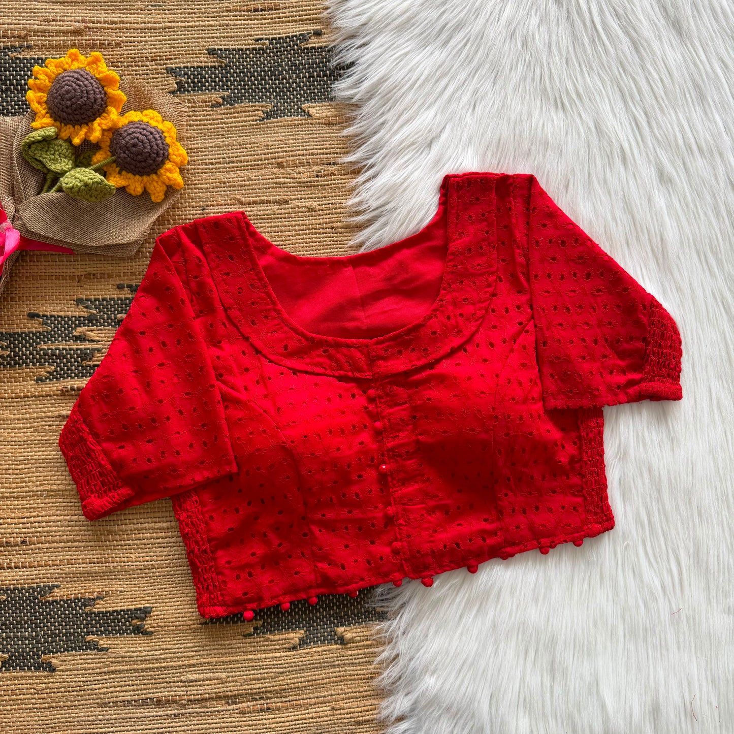 Beautiful embroidery work with elastic attach for better fitting ready made blouse