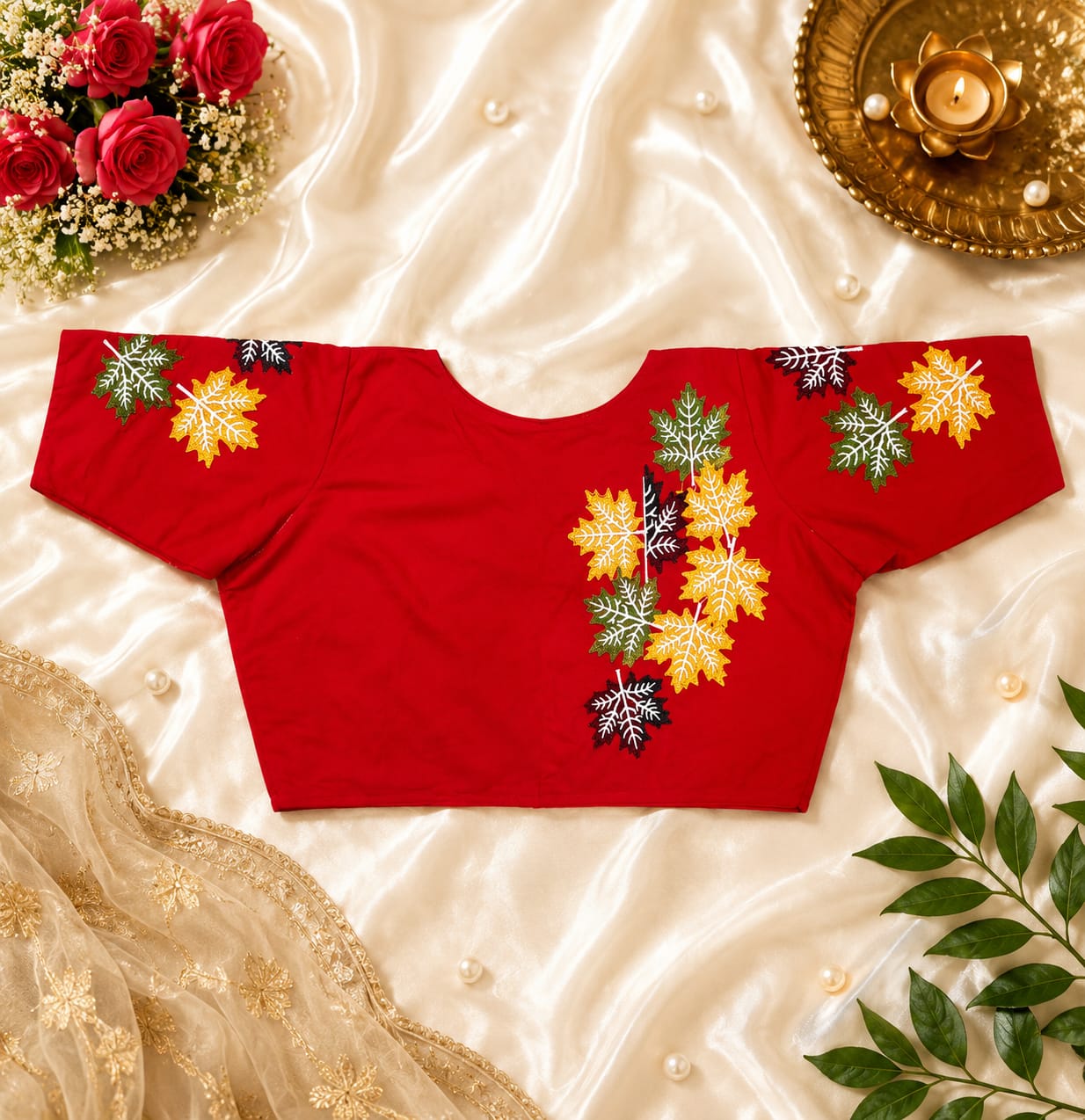 Leaf embroidery ready made blouse