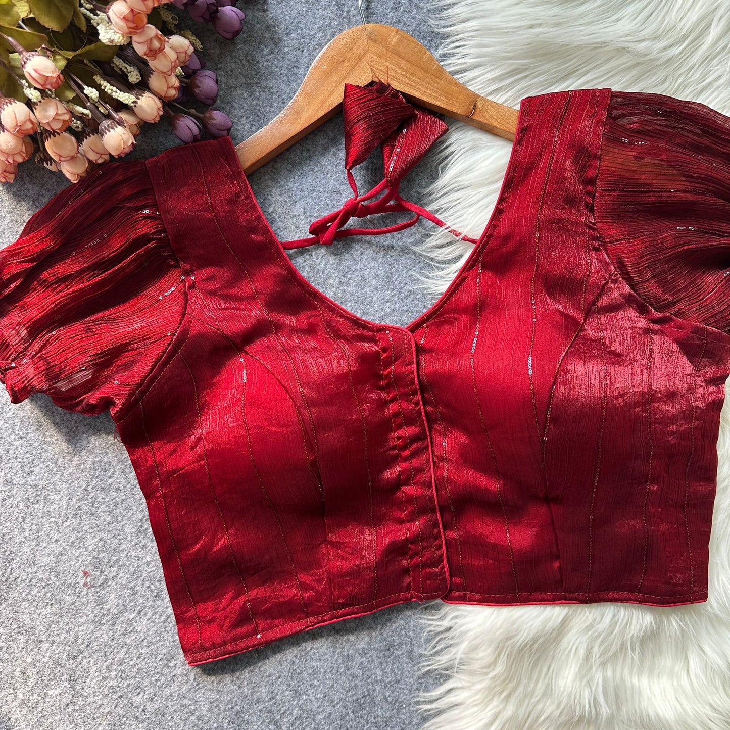 Two tone zimi chu slub shining material with sequins work ready made blouse