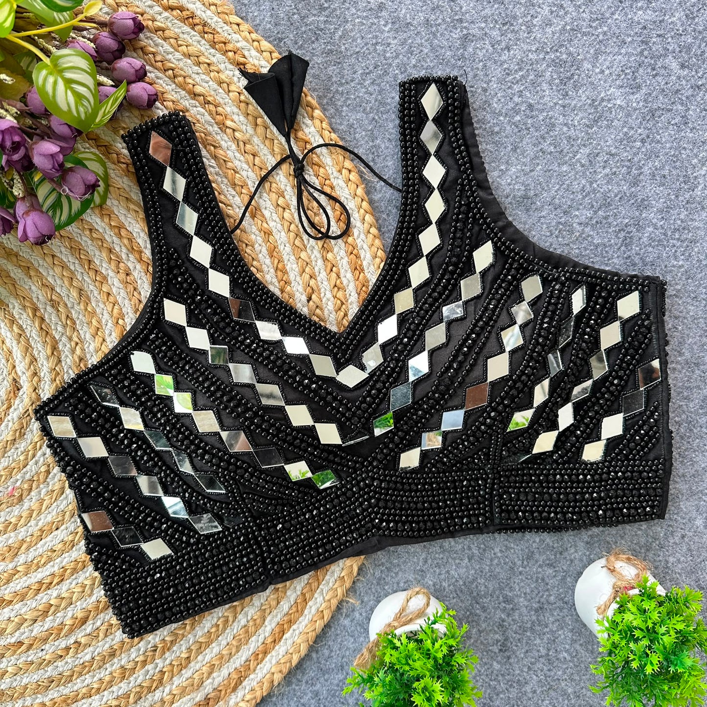 Fancy Bollywood Design With Pearl & Real Handmirror Work ready made blouse