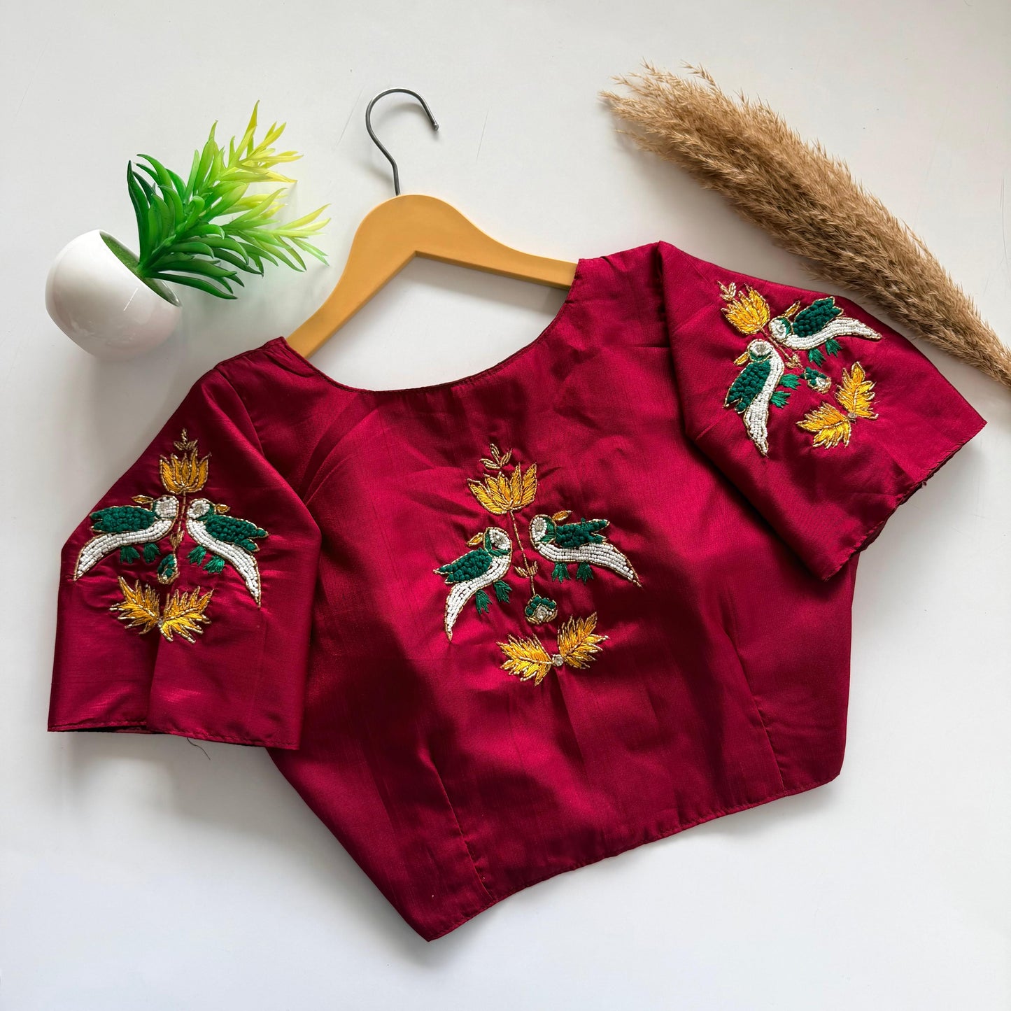 Beautiful handcrafted work in sleeves and back ready made blouse