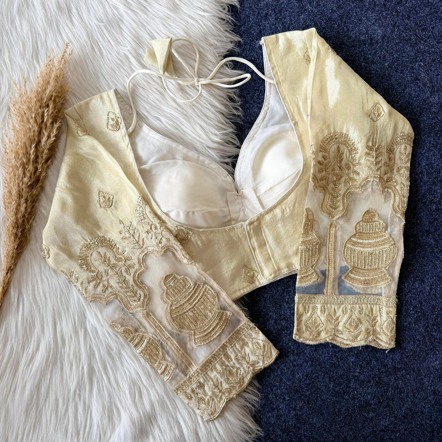 Dyeable silk fabric with  Beautiful embroidery work all over ready made blouse