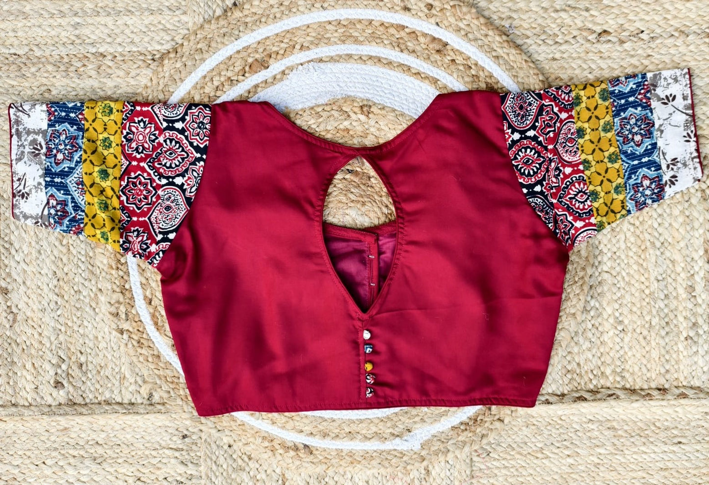 Ajrakh with cotton silk patch work ready made blouse