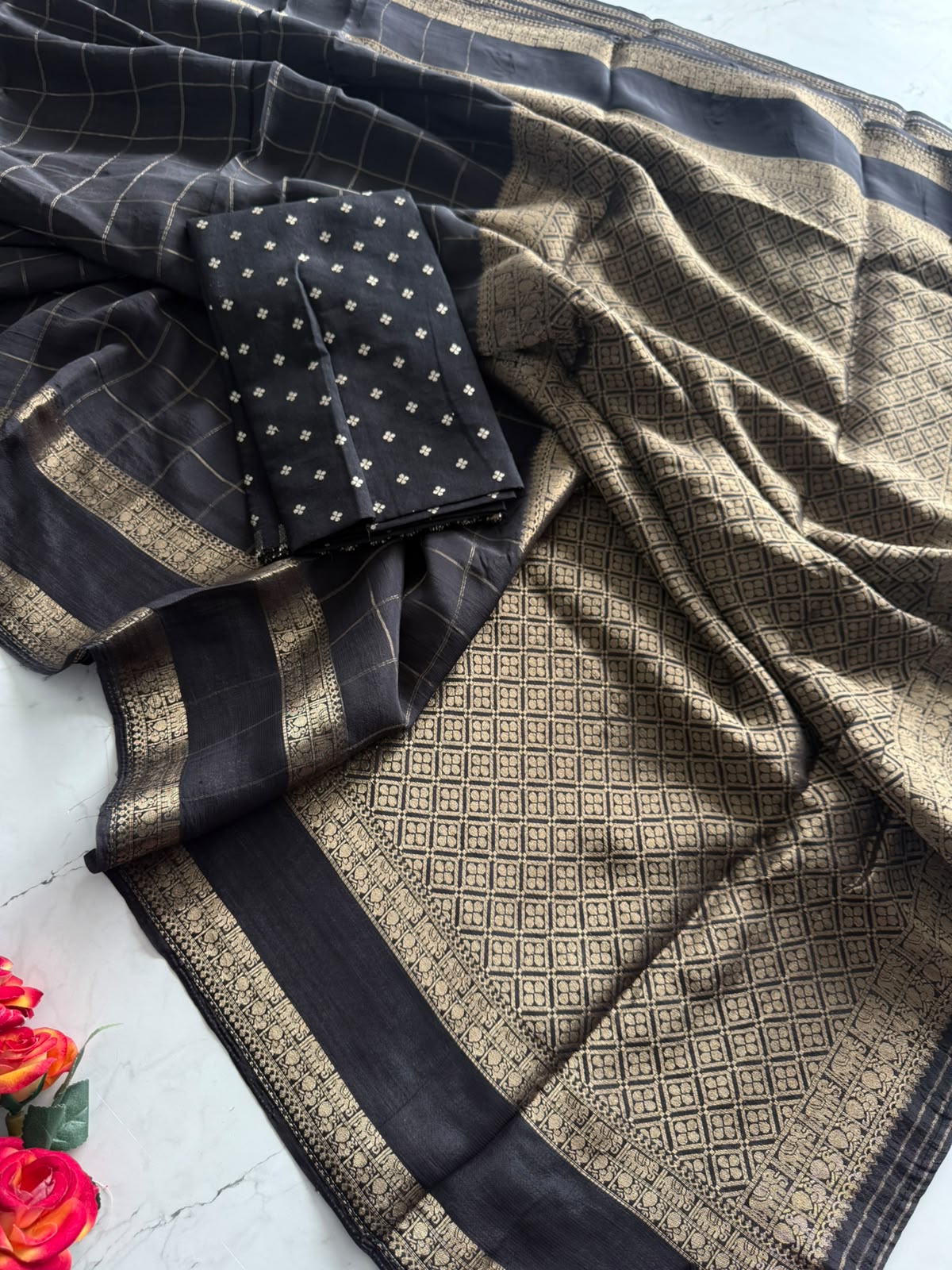 Premium pure Viscous Georgette Weaving Check Design With Tussles saree