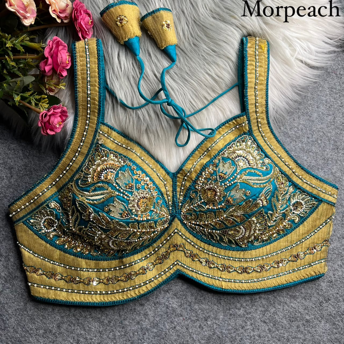 Pure ribbon & beads work ready made blouse