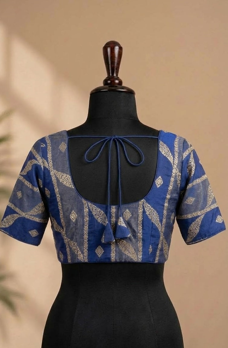Ocean Blue Brocade Paithani-Motif Designer ready made blouse