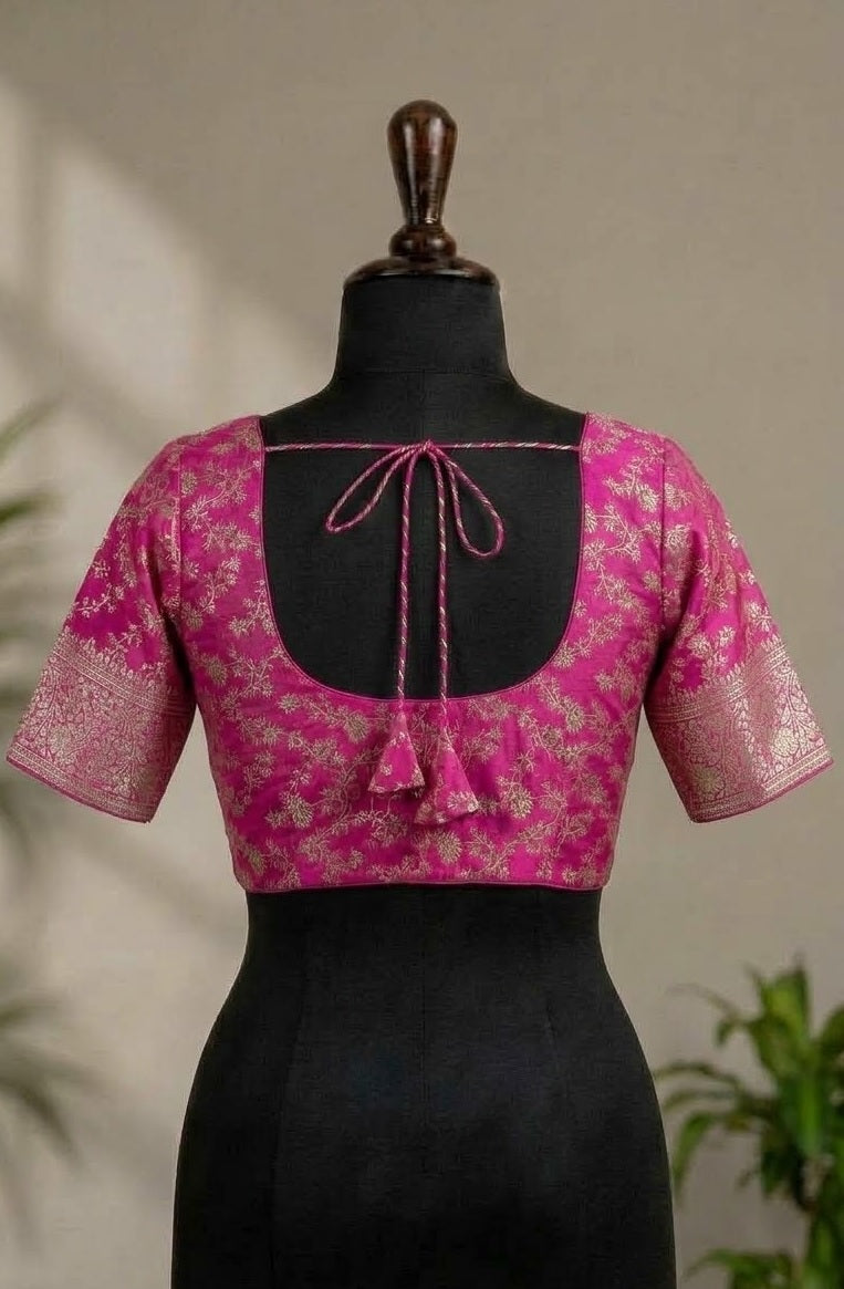 Rani Pink Zari Embroidered Deep-Back ready made blouse