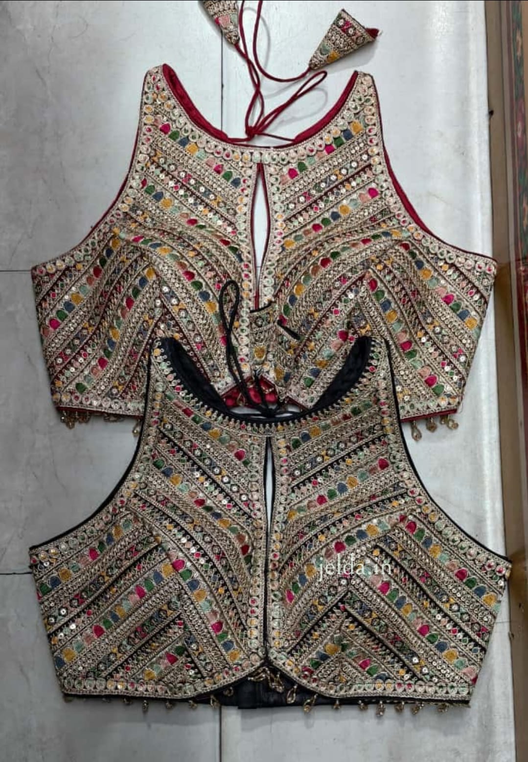 Heavy Embroidered Halter-Neck Lace Work Blouse with Front Keyhole