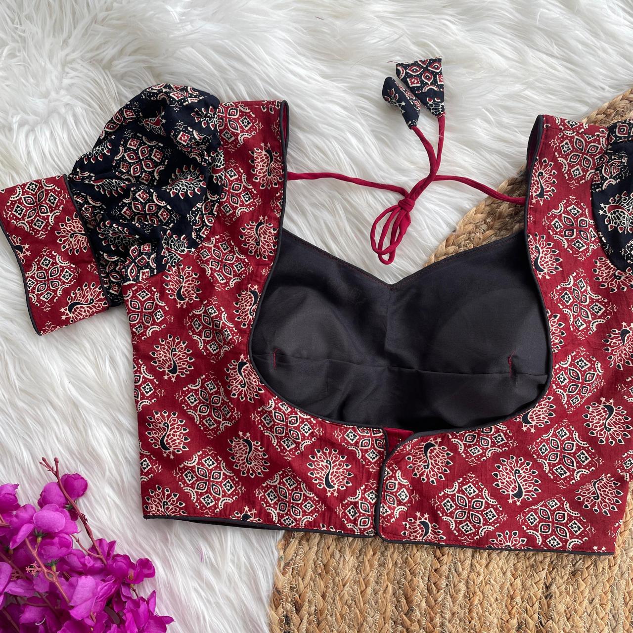 Original ajrakh cotton halter neck puff sleeve ready made blouse