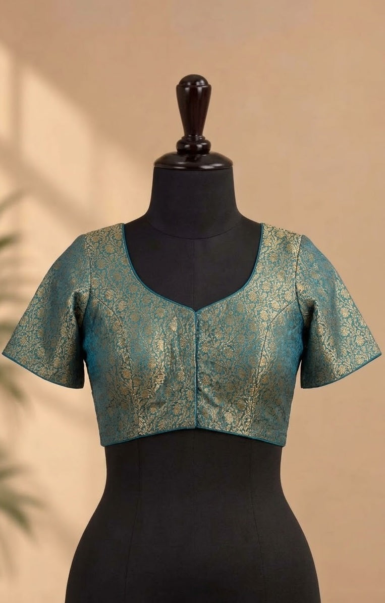 Teal Blue Gold Brocade Designer ready made blouse