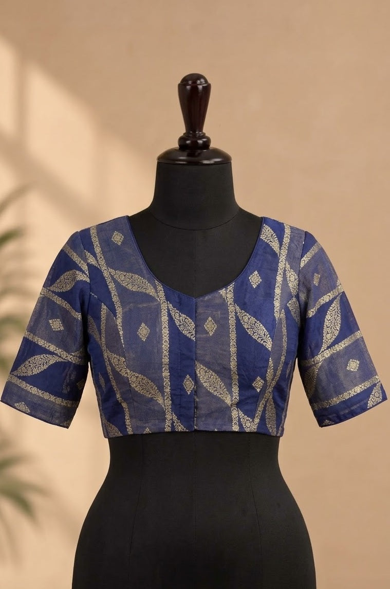 Ocean Blue Brocade Paithani-Motif Designer ready made blouse