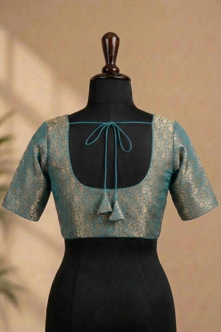Teal Blue Gold Brocade Designer ready made blouse