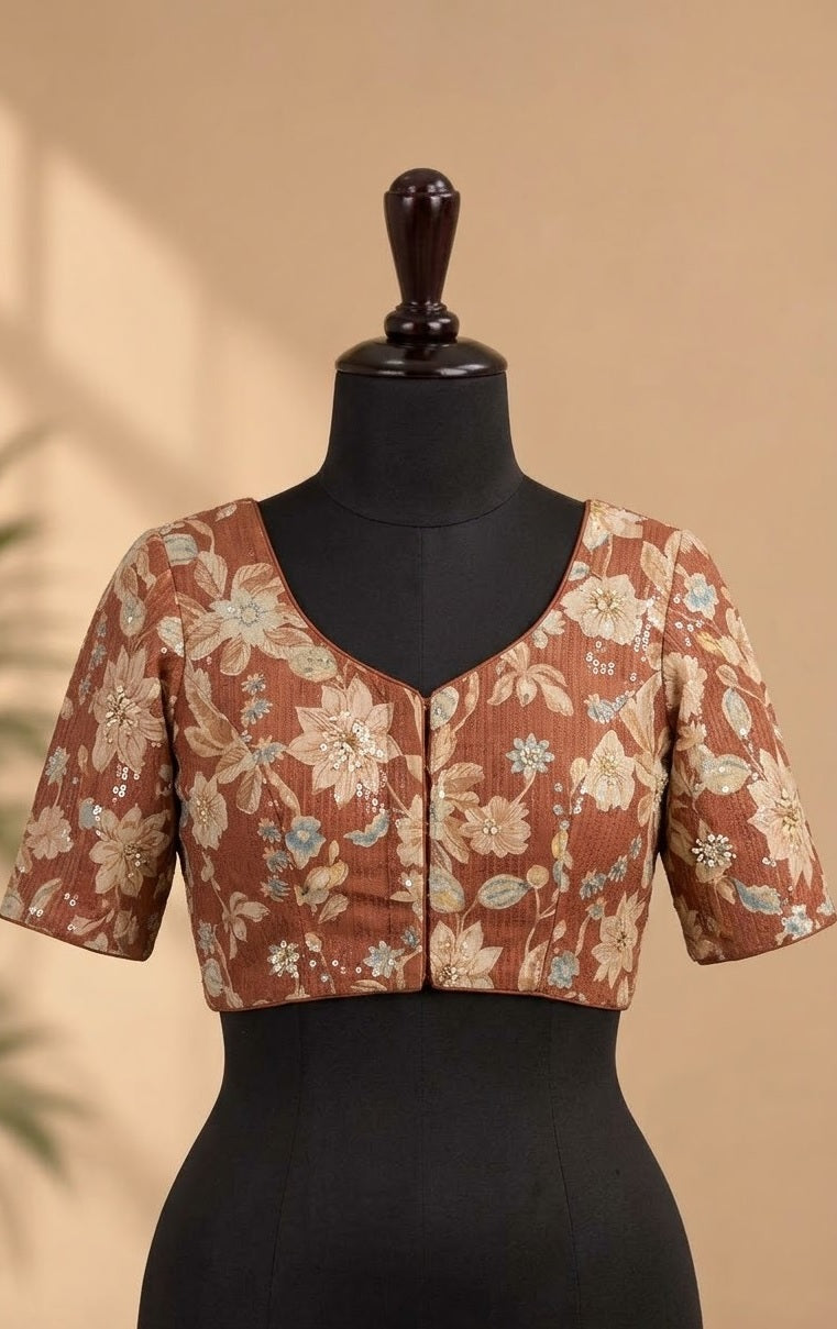Rust Orange Sequin Floral Designer ready made blouse