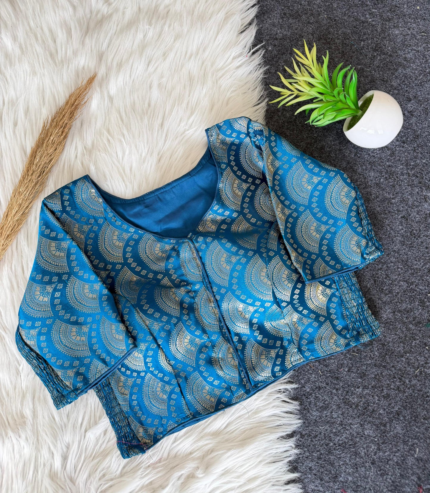 A beauty of weaving work all over with stretchable technology inside ready made blouse