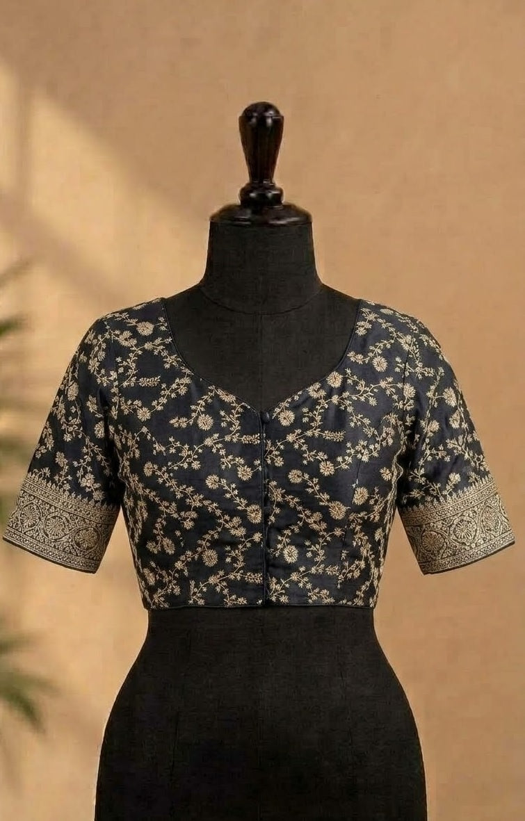 Black Zari Embroidered Deep-Back ready made blouse