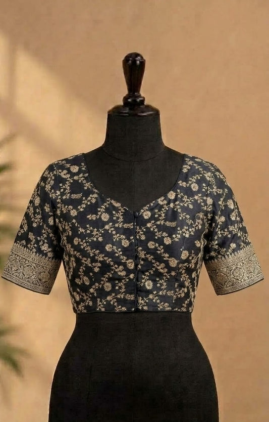 Black Zari Embroidered Deep-Back ready made blouse