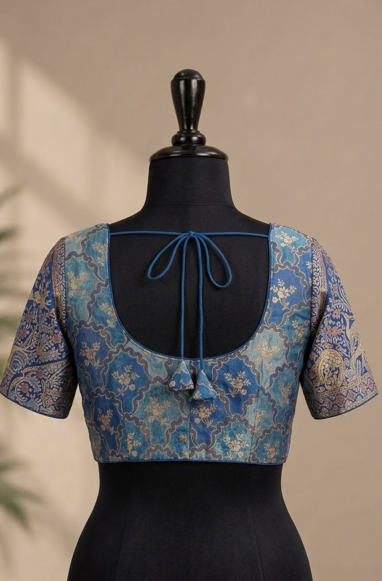 Ocean Blue Brocade Paithani-Motif Designer ready made blouse