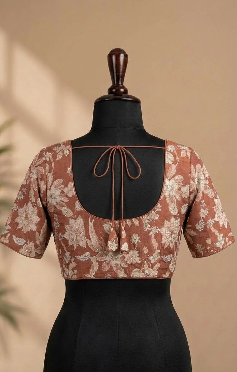 Rust Orange Sequin Floral Designer ready made blouse