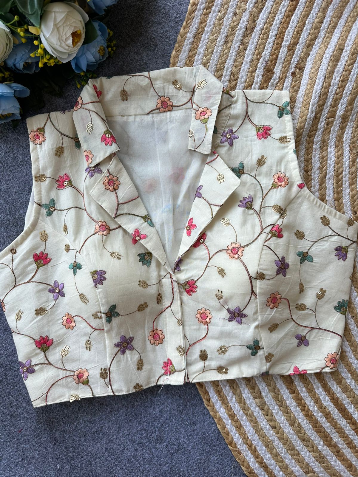 Beautiful cotton with embroidered sleeveless ready made blouse