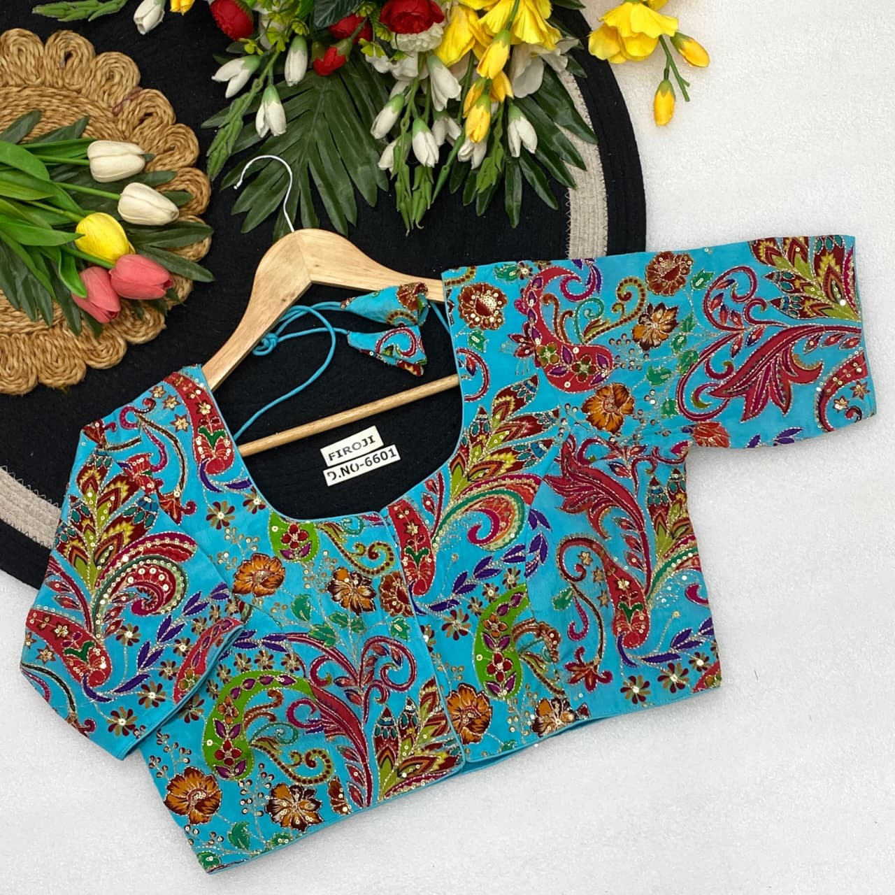 Viscose crep pojisan print embroidery ready made blouse