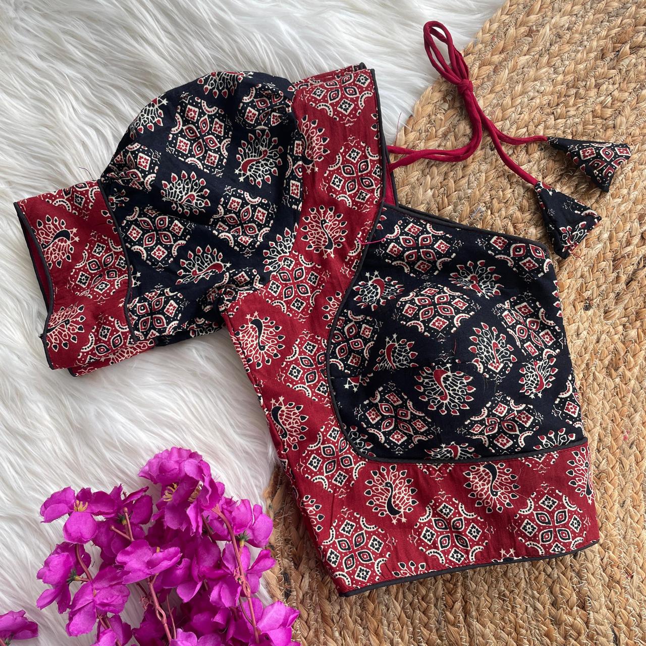 Original ajrakh cotton halter neck puff sleeve ready made blouse