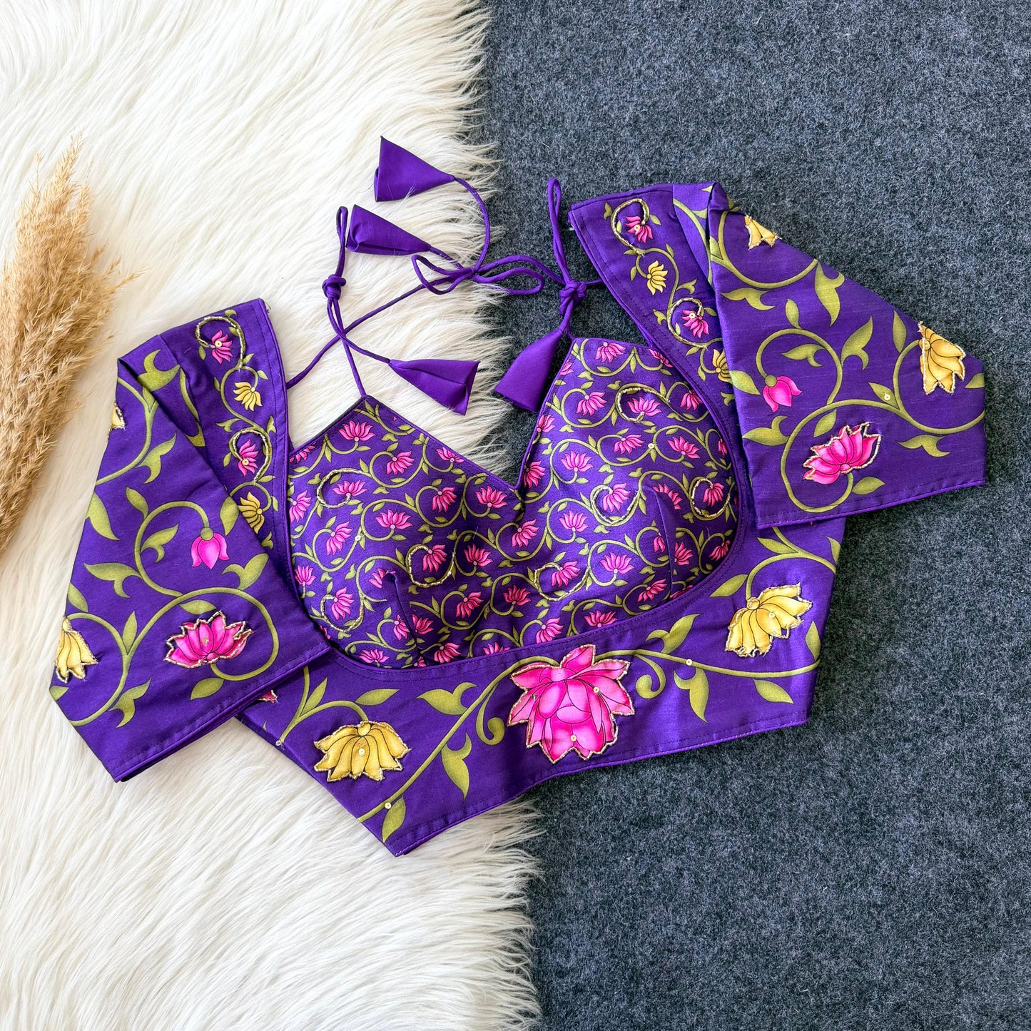 Semi pure silk fabric with Decent print all over blouse with antique handcrafted work ready made blouse