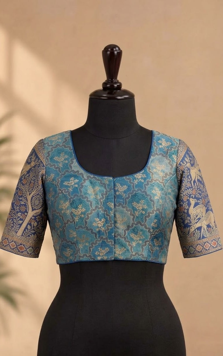 Ocean Blue Brocade Paithani-Motif Designer ready made blouse