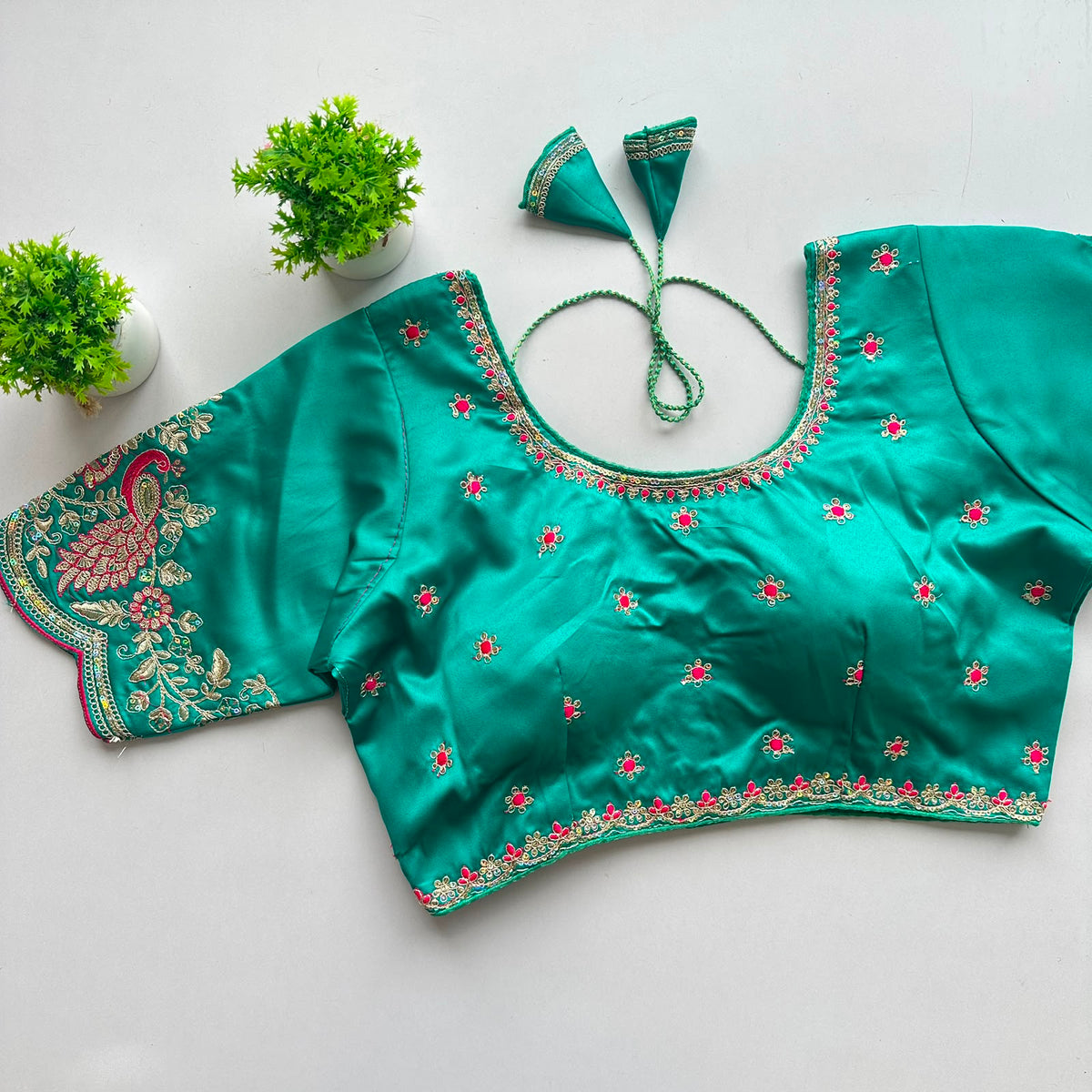 Heavy pure satin silk embroidery work ready made blouse