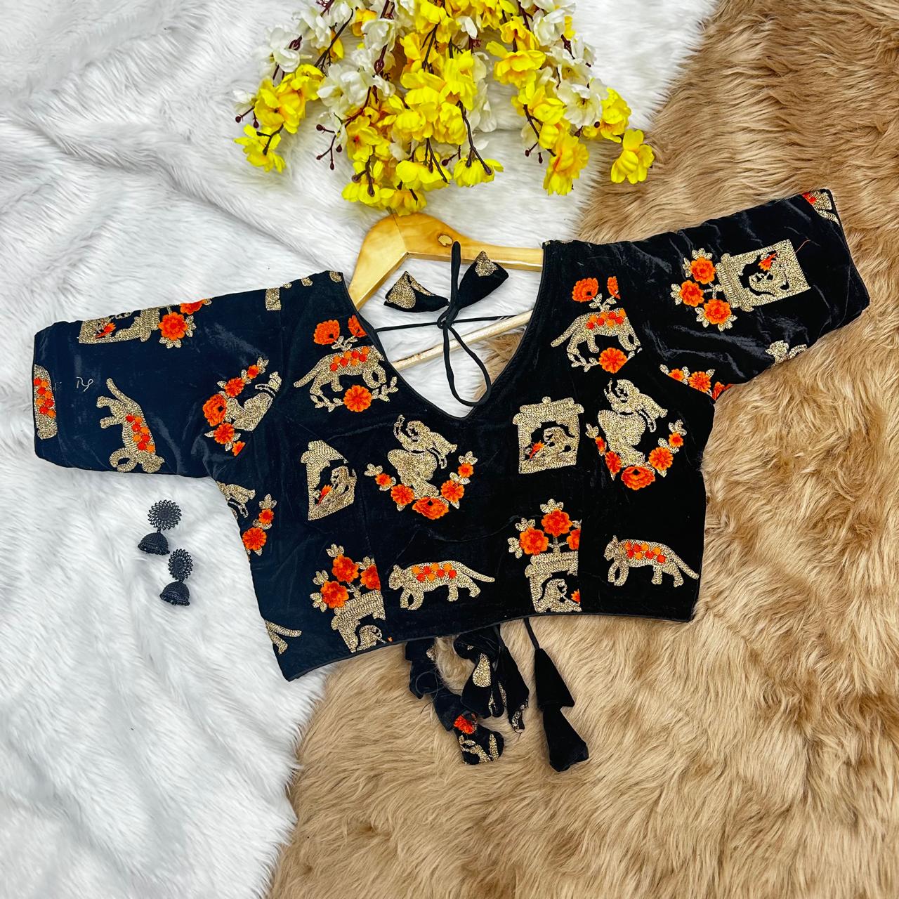 velvet Fabrics with heavy Embroidery ready made blouse