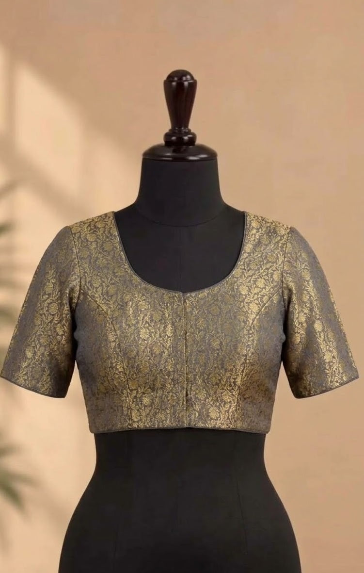 Charcoal Grey & Antique Gold Brocade Designer ready made blouse
