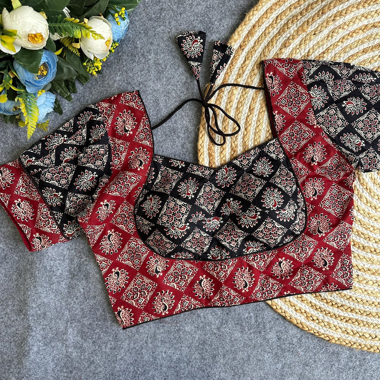 Original ajrakh cotton halter neck puff sleeve ready made blouse