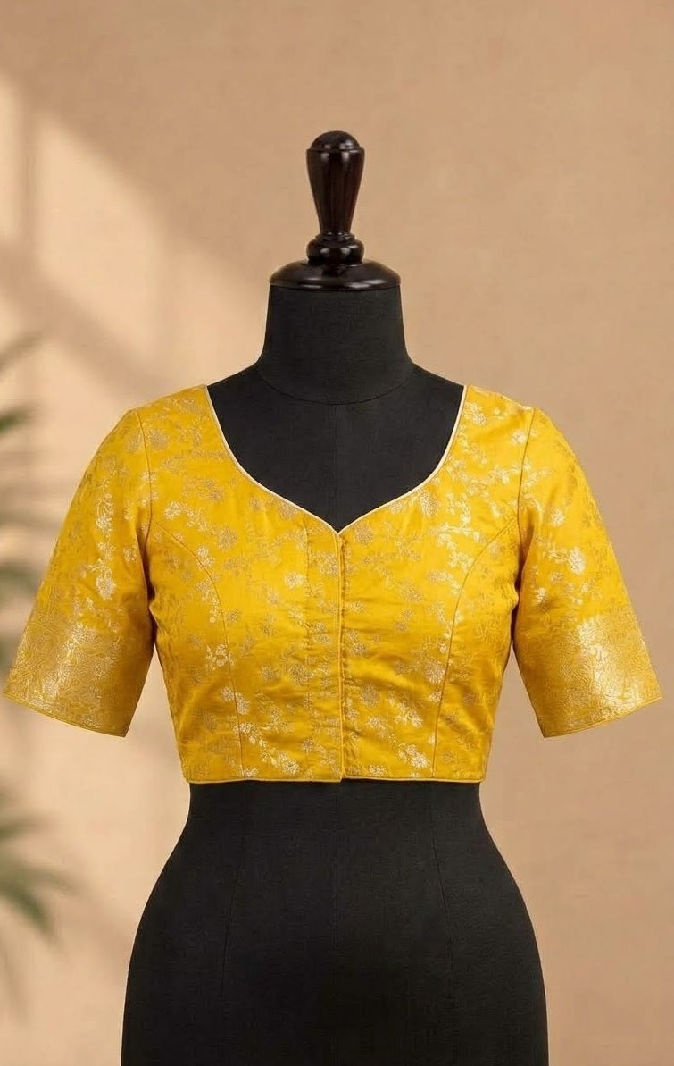 Haldi Yellow Zari Floral Embroidered Silk ready made blouse