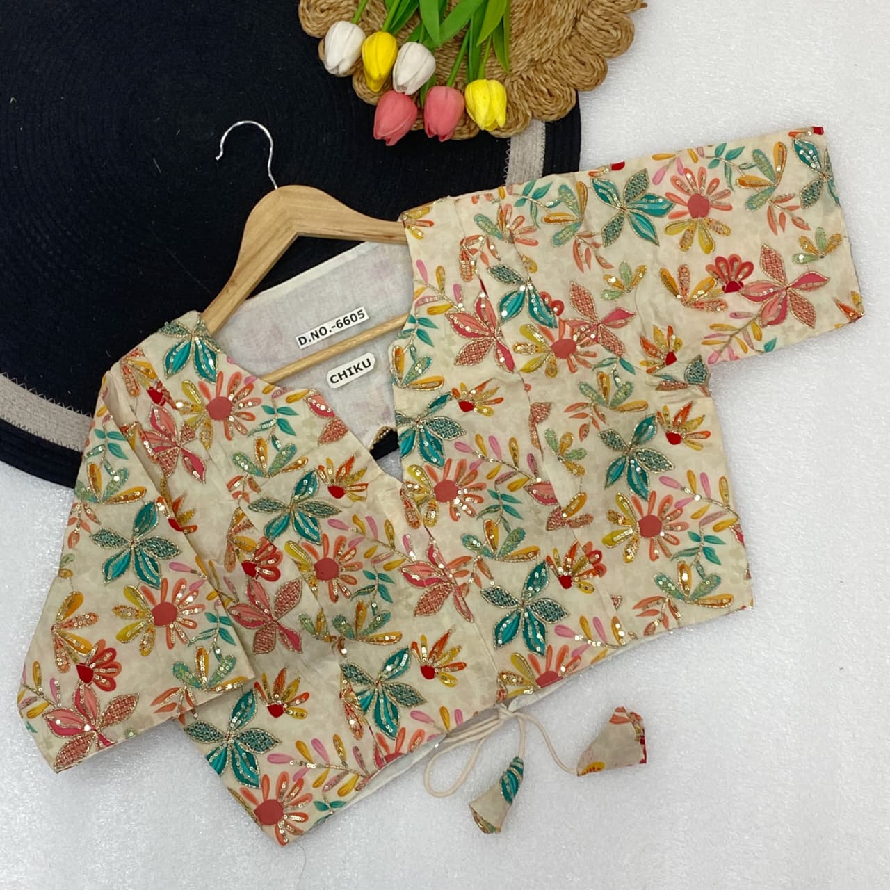 Pojisan print embroidery ready made blouse