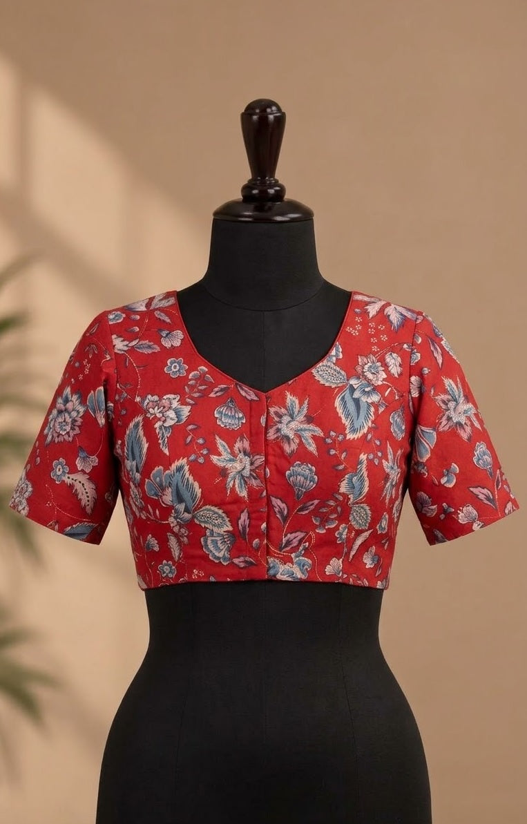 Crimson Red Floral Kalamkari Designer ready made blouse