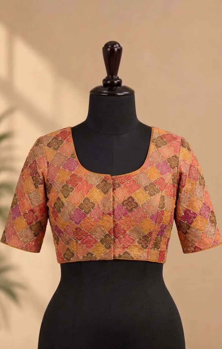 Multicolor Geometric Zari Embroidered Deep-Back ready made blouse