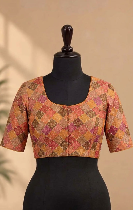 Multicolor Geometric Zari Embroidered Deep-Back ready made blouse