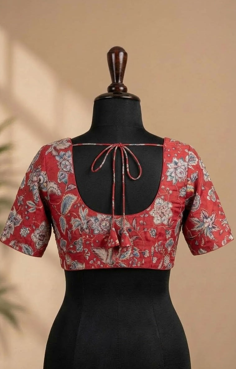 Crimson Red Floral Kalamkari Designer ready made blouse