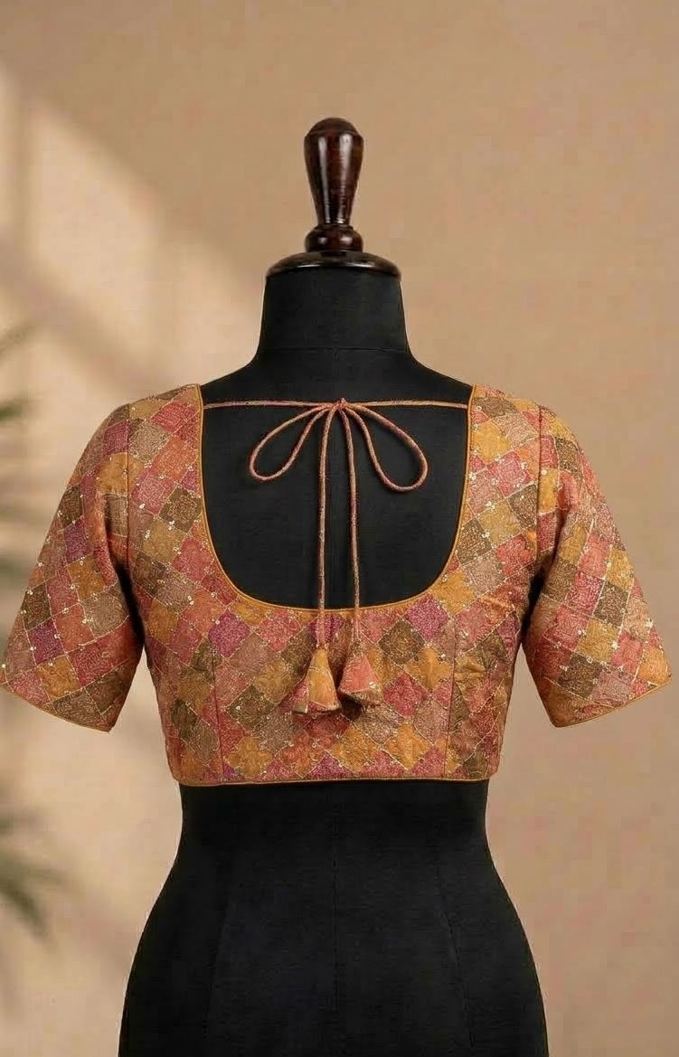 Multicolor Geometric Zari Embroidered Deep-Back ready made blouse