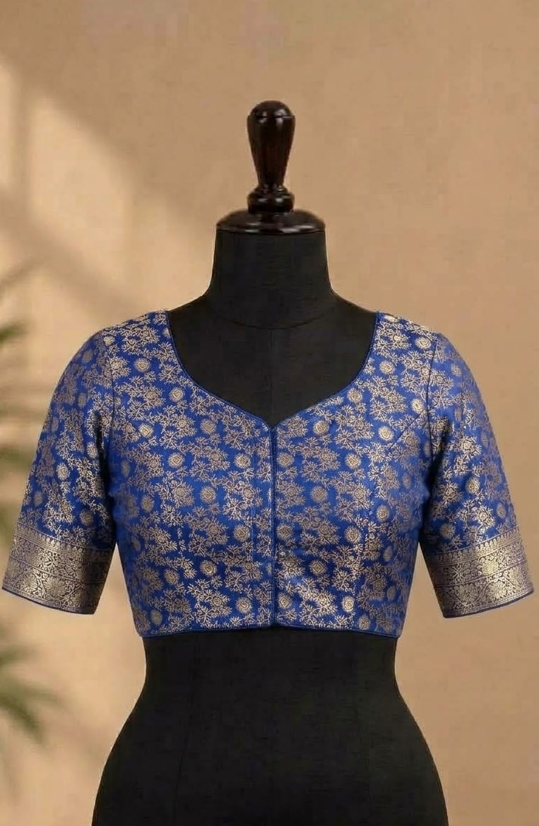 Royal Blue Gold Brocade Designer ready made blouse