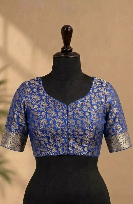 Royal Blue Gold Brocade Designer ready made blouse