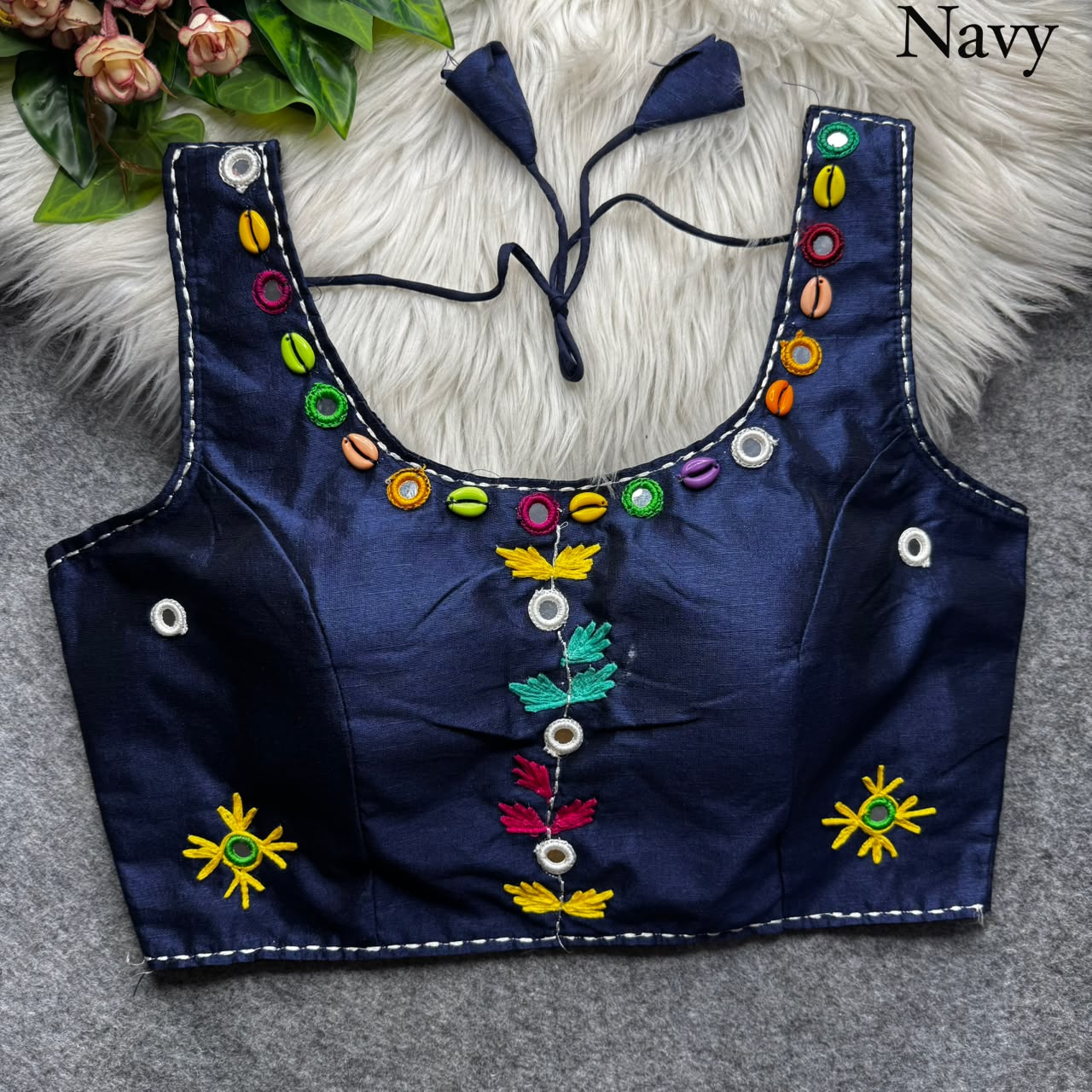 Multi Handwork Thread + Hand Mirror Work ready made blouse